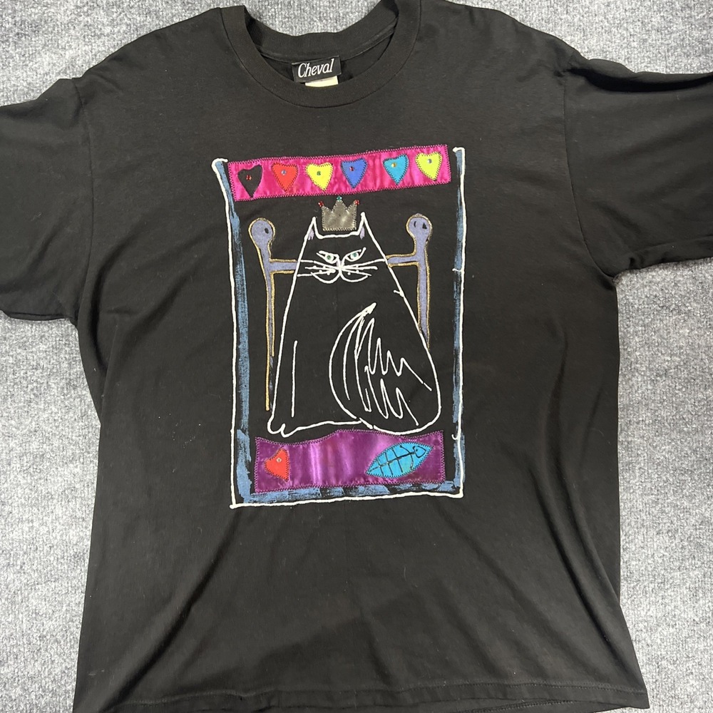 Vtg 80s/90s CHEVAL Folk Art Crowned Cat Applique T-Shirt Fits XL/2XL